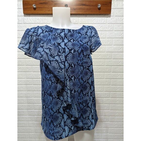 Michael Kors Women's Blue Snake Print Ruffle Short-Sleeve Blouse Top Size 2XS - Picture 1 of 6